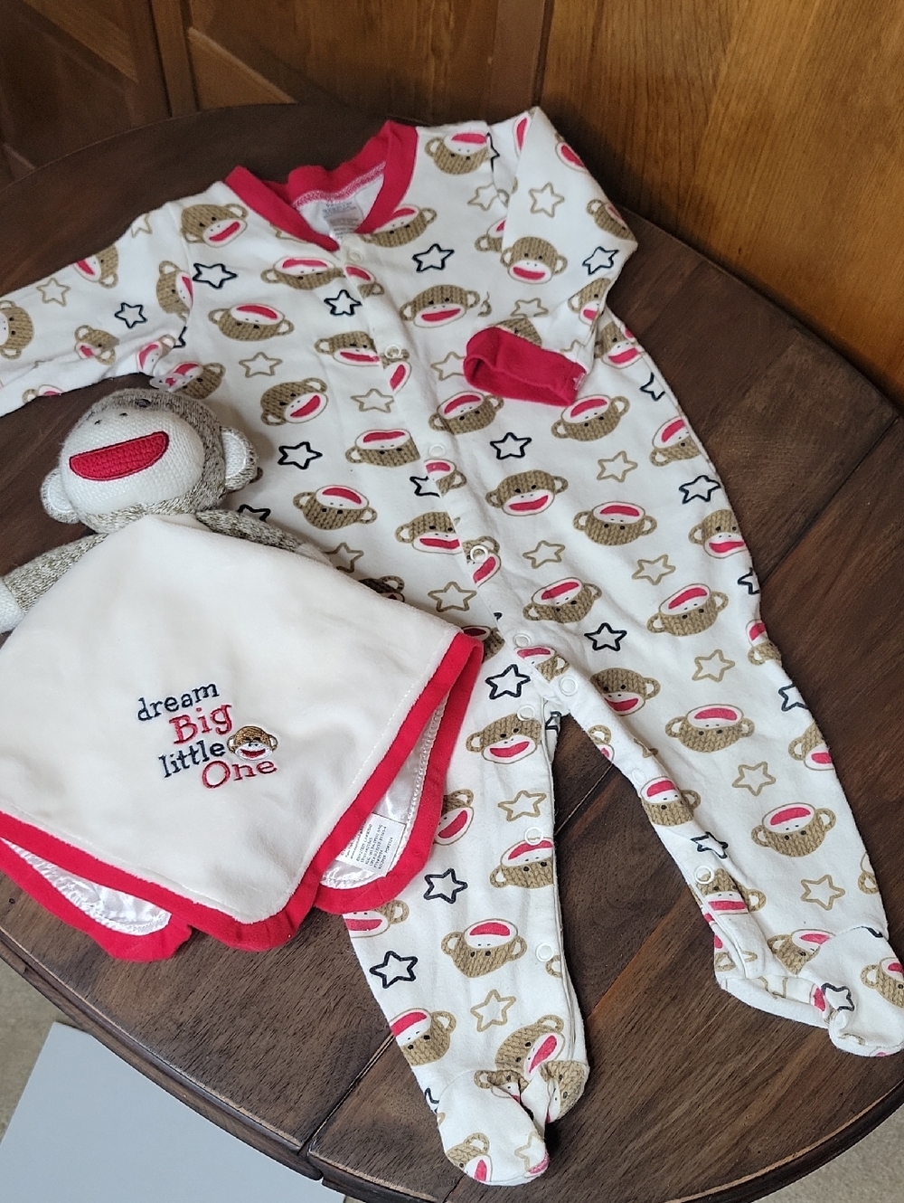 Baby Starters Sock Monkey Footed Pajamas & Sock Monkey Plush Lovey Sz 9M